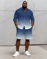 Big & Tall Men's Business Simple Blue & Purple & Grey & White 3 Choice Gradient Contrast Long Sleeve Shirt Shorts Set